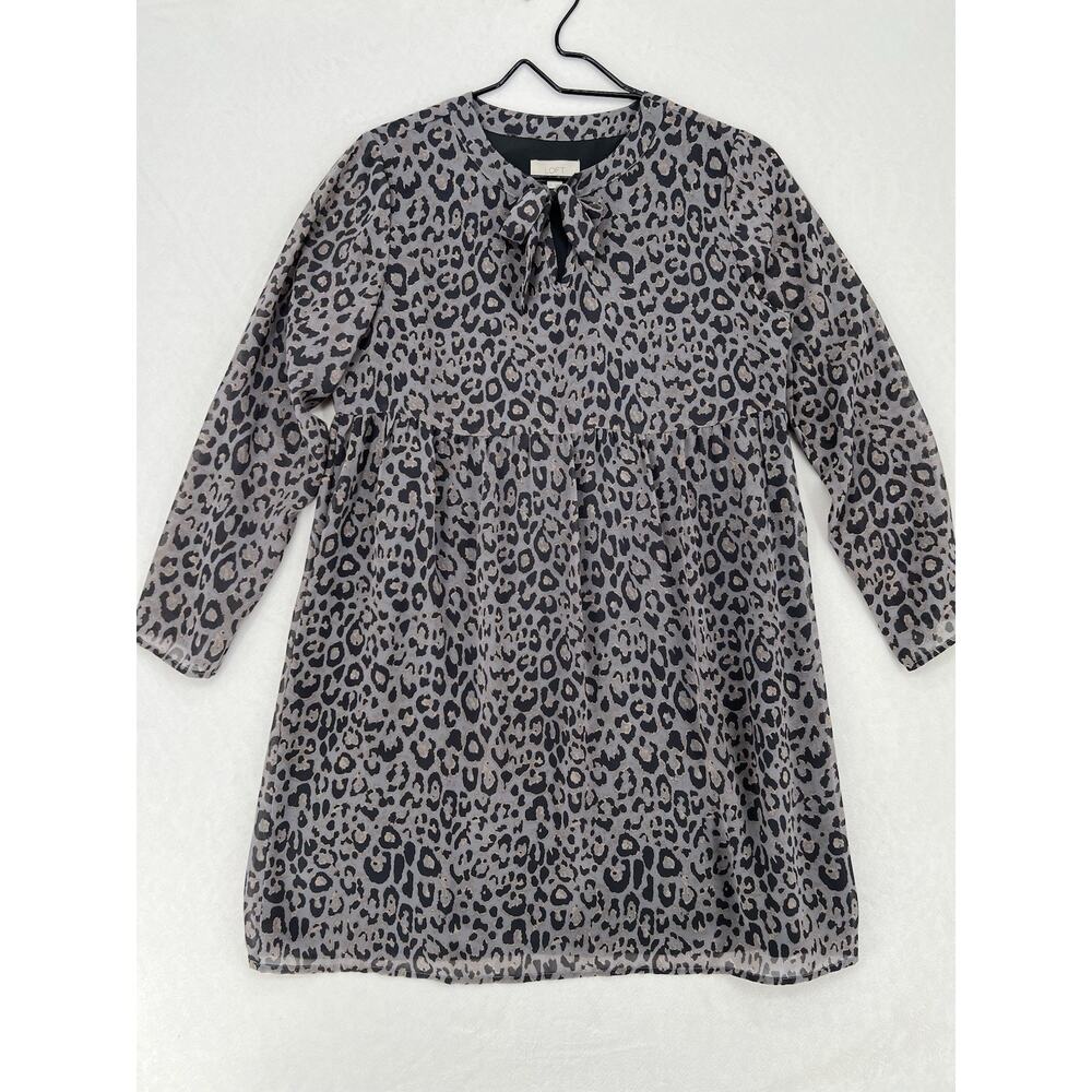 LOFT Outlet Leopard Print Tie Neck Dress XS Gray Black Long Sleeve Lined